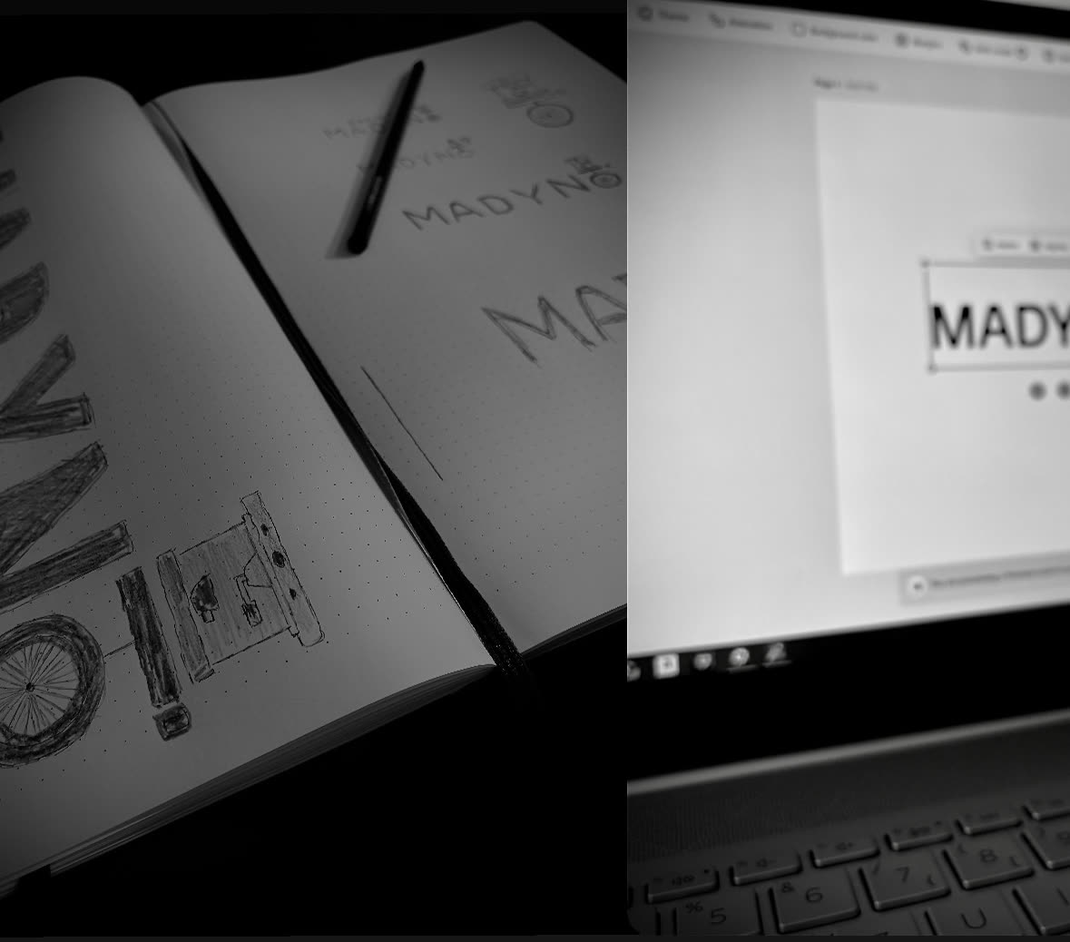 Skizzenbuch mit Logo-Entwürfen für Madynio
